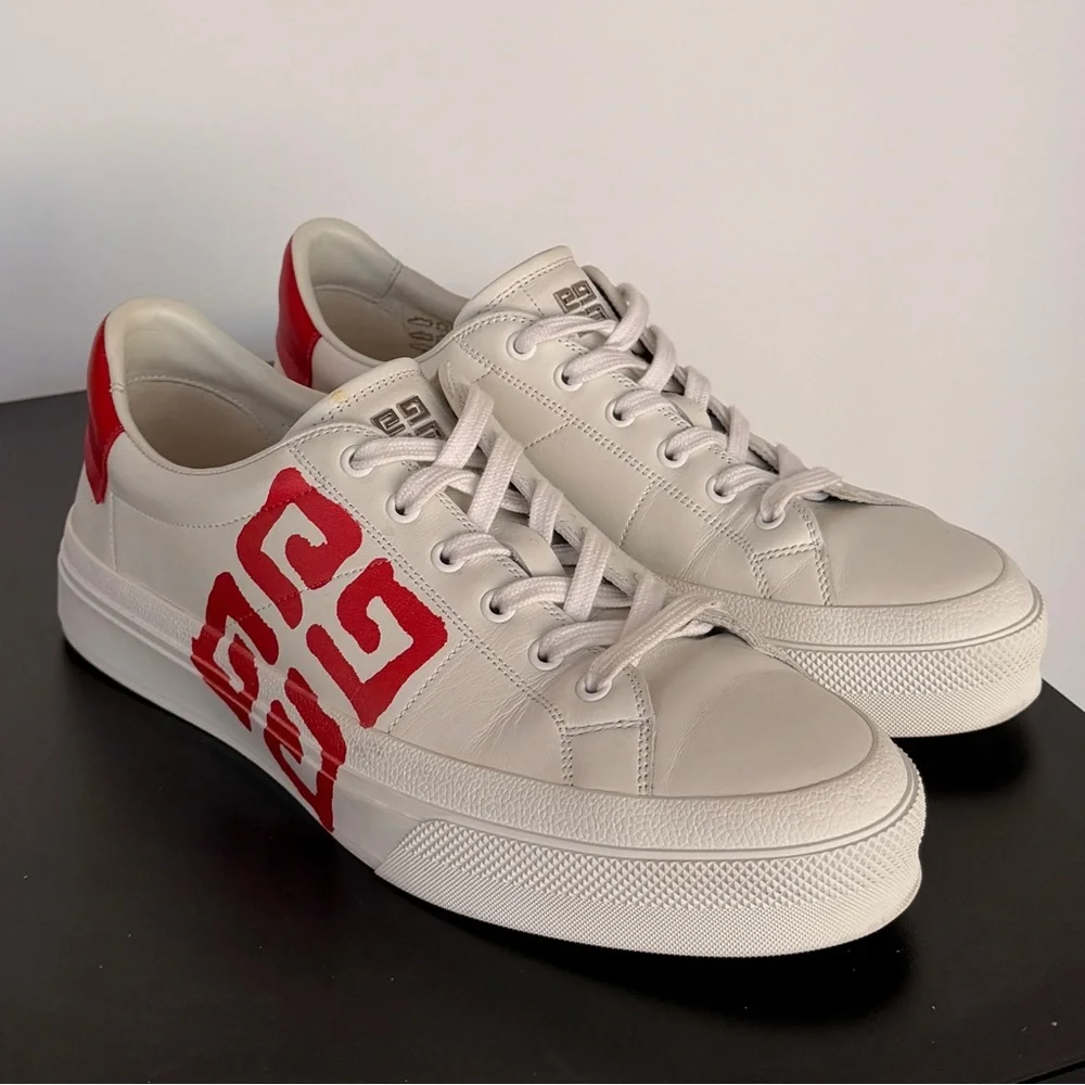 Givenchy Cream Leather Sneakers with Red Logo - Picture 2 of 7